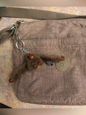 Kipling Olive-Brown Nylon Crossbody Bag with Monkey Charm